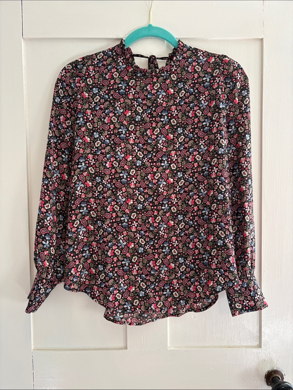 LOFT Black Floral Paisley Long-Sleeve Blouse
